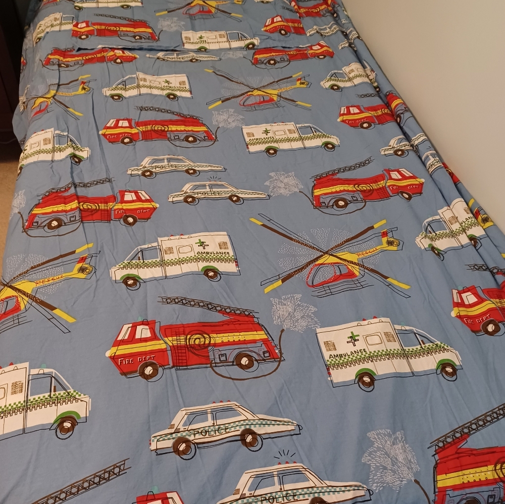 Company Store Kids Rescue Vehicles Twin Percale Duvet Cover & Sham EUC